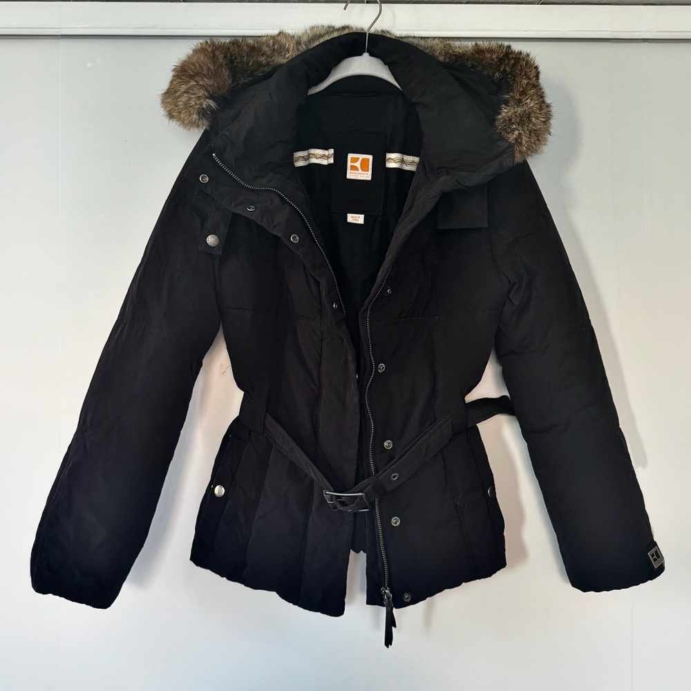 Hugo Boss Orange Belted Puffer Coat with real fur hood